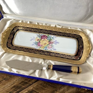 Cuchillo Plato Pastel Largo Limoges Francia Azul Cobalto Borde Dorado Pintado a Mano Floral - Imagen 1 de 17