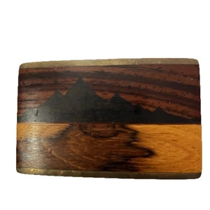 Kenneth Reid Belt Buckle VTG Mountain Scene Wood Inlay Brass Western Cowboy - Picture 1 of 6