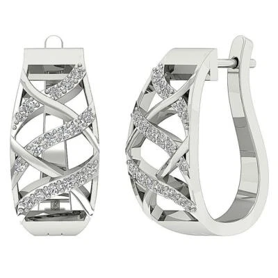 Designer Hoop Earring SI1 G 0.60Ct Round Cut Diamond 14K Gold 0.90 Inch Pave Set - Image 1 of 4