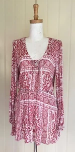 DRESS Mini Long sleeve Pockets Tigerlily Sz 8 Elastic waist V-neck Red White - Picture 1 of 8