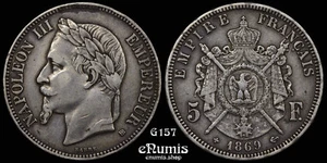 FRANCIA, Napoleón III, 5 francos 1869 BB, Estrasburgo, en estado bastante bueno+ - Imagen 1 de 6