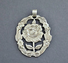 Antique Art Nouveau Hand Engraved 900 Solid Silver Rose Floral Pendant