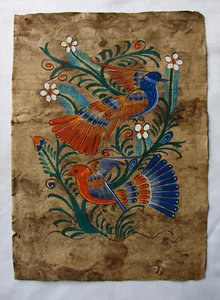 Vintage Mexican Folk Art Amate Tree Bark Painting Stylized Birds 15¼" x 11" - Picture 1 of 5