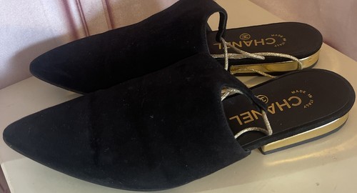 Ballerine mules camoscio nero con lacci oro CHANEL Dubai Resort Collection 37 originali 2015