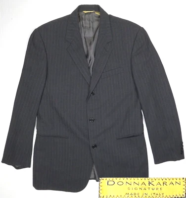 DONNA KARAN 签名羊毛西装外套男式 41R 灰色细条纹意大利制造 — 第 1/4 张图片