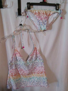 Mudd Tankini S M Bikini Halter Swimsuit Pink Purple White Yellow Peace Signs - Picture 1 of 9