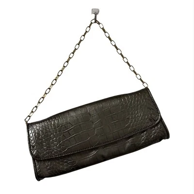 Ann Taylor LOFT Grey Snake Print Patent Baguette Clutch Bag Removable Gold Strap - Image 1 of 4
