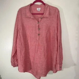 Camicia Sigrid Olsen taglia 2x pop over rosa 100% lino rotolo linguetta manica spiaggia costal - Foto 1 di 10