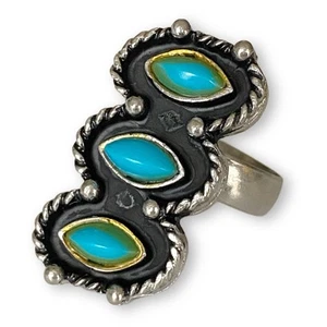 Vintage Large Turquoise 3 Stone and Silver Boho Adjustable Half Finger Ring - Picture 1 of 6