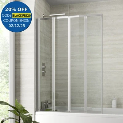 Bathroom 4 Panel Folding Bath Shower Screen Chrome 1000mm Reversible 4mm Glass - Image 1 of 4