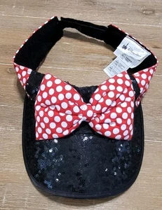 Disney Minnie Mouse Adult Visor Black Sequin & Red White Polka Dot Bow - Picture 1 of 4