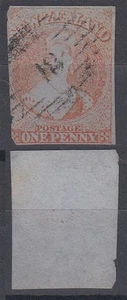 NEW ZEALAND 1855 QV FFQ 1d. RED ON BLUE IMPERF NO WMK SG#4 USED (ID:G4119) - Picture 1 of 1