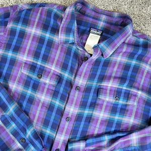 Patagonia Mens XL Organic Cotton Button Up Flannel Shirt Plaid Purple Blue - Picture 1 of 9