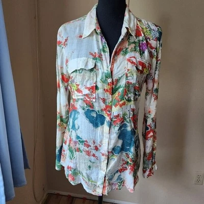 Vintage J.A.K. Blusa Floral Crema Semi Transparente Ligera Manga Larga Abotonada Foto 1 de 4