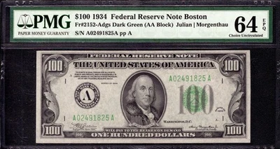 1934 $100 FEDERAL RESERVE NOTE BOSTON FR.2152-A DGS PMG CHOICE UNC CU 64 EPQ - Image 1 of 4