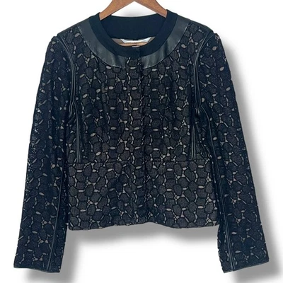 Chaqueta Blazer Diane von Furstenberg DVF Maya Guijarro Negro Encaje Cuero Borde 10 Foto 1 de 4