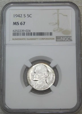 1942-S Jefferson Silver Nickel NGC MS67 Frosty White Luster Premium coin #M241B - Image 1 of 2