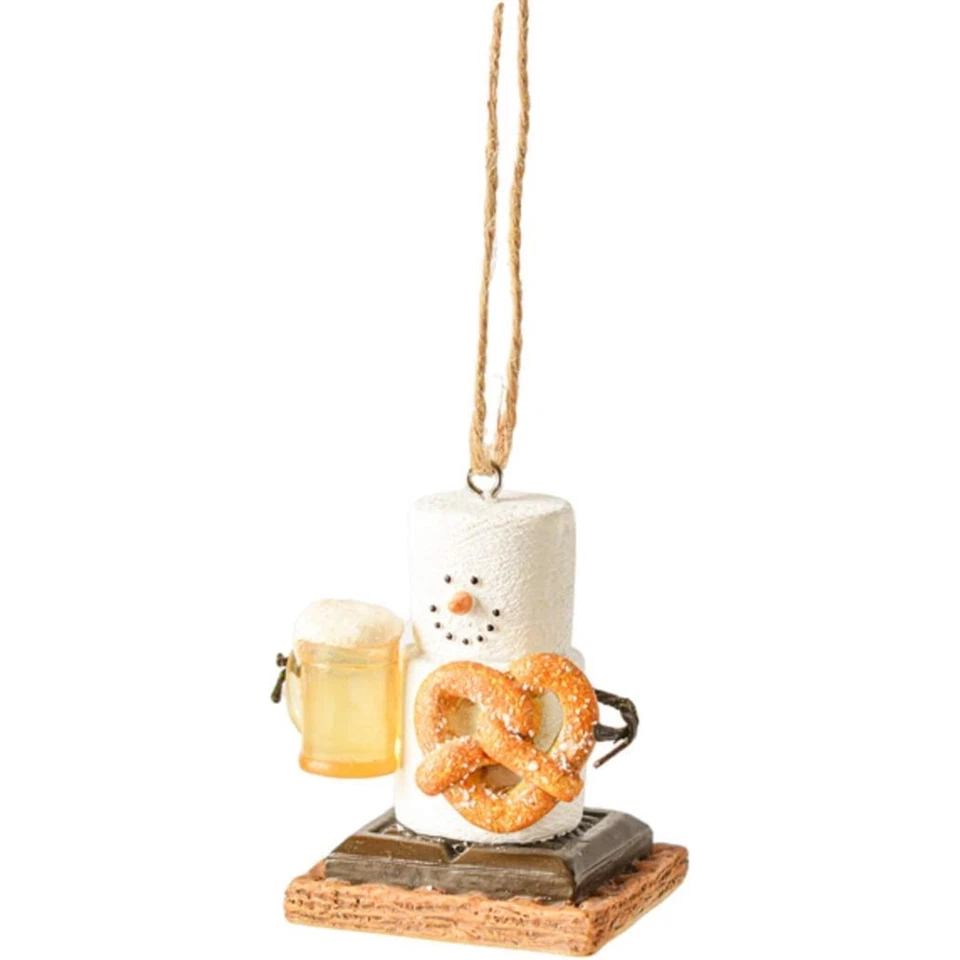 Ganz Resin S'mores Hanging Christmas Ornament—Snowman Enjoying A Beer & Pretzel - Image 1 of 1