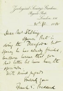 Carta escrita a mano de Frank Evers Beddard rara "pionera de la zoología inglesa" de 1883 - Imagen 1 de 2