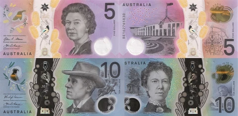 Australia 2 PCS Set: 5 & 10 Dollars (2016-2019) p-62, p-63 Polymer UNC Cover