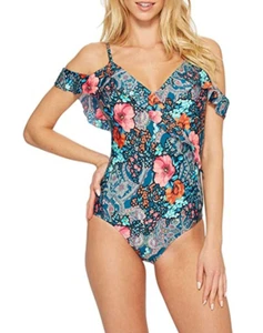 Laundry by Shelli Segal Z2232 Floral Paisley Ruffle Plunge One-Piece, Teal, XXL - Picture 1 of 4