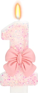 Birthday Candle for Cake, 1 Candle - Pink Glitter with Bowknot, 2.76 Inch Happy - Picture 1 of 5