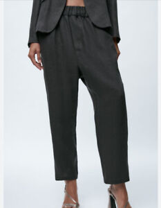 BNWT Zara Grey 100% Linen Trousers Pants Elastic Waist Pockets L smart