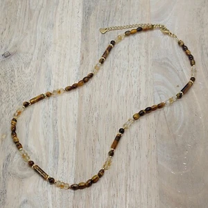 Tiger's Eye & Citrine Natural Gemstones Beaded Necklace + Extension Gold Plated - Picture 1 of 4