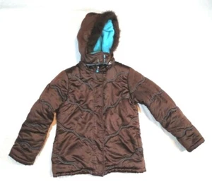 Rothschild Quilted Jacket Faux Fur Hood Girls Size L 14 Brown Blue Long Sleeve - Picture 1 of 12