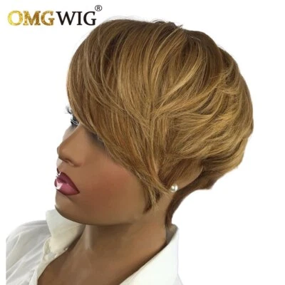 Pelucas de cabello liso hechas a máquina peluca corta corte pixie peluca de cabello color rubio miel Foto 1 de 4