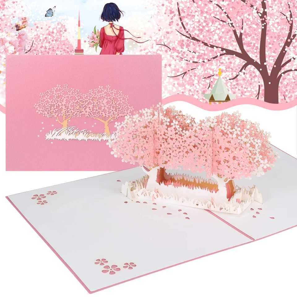 3D Pop Up Card Valentines Birthday Card Pink Cherry Blossom Tree Lover Couple UK - Image 1 of 4