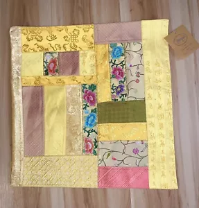 Embroidery Decorative Pillow Case Patchwork Yellow Floral Japanese 16” NWT - Picture 1 of 6