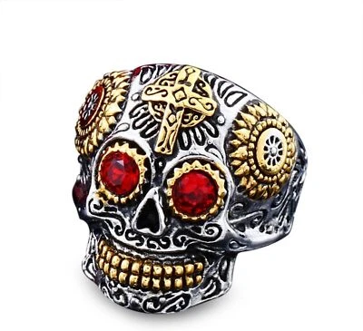 Biker Cool Sugar Skull Ring CZ Eyes Stainless Steel Day of The Dead Gothic Cross - Image 1 of 4