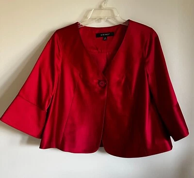 Chaqueta de seda recortada Nine West para mujer talla 4 roja manga 3/4 forrada con un botón Foto 1 de 3