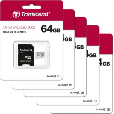 5 x Transcend MicroSD 64GB Memory Card for Android, Smart Watch, Phone, Tablet   - Image 1 of 3