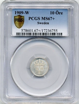 1909-W 10 Öre  Sweden, Gustaf V - PCGS MS 67+, Solo finest graded - Image 1 of 2