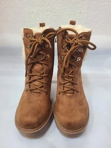 Brown Faux Suede Shearling Cuff Lug Sole Booties Size 7 - Picture 1 of 12