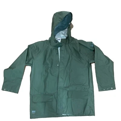 Helly Hansen Rain Jacket Men XL Snap Waterproof Fishing Work Hood PVC Coat Green - Image 1 of 4