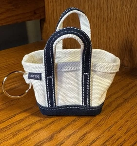 Lands End Tote Bag Keychain Tiny Cream White Blue Heavy Canvas Circle Ring - Picture 1 of 6