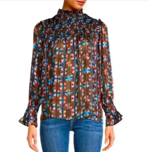 Elan Damenbluse Größe S braun geometrisches Muster Folie Glockenärmel neu mit Etikett Boho - Bild 1 von 9