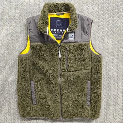 Sperry Top-Sider Olive Green Fleece Vest Mens Size Large Gray Trimmed Pockets - Image 1 of 4