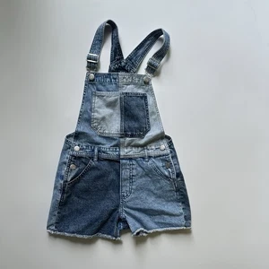 GAP KIDS Girls 10/12 Denim Shortalls Short Overalls Patchwork Blue Cotton Size L - Picture 1 of 11