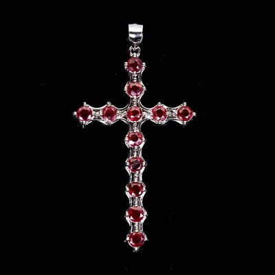925 Sterling Silver Pendant Round Ruby 3.5mm Cross Natural Gemstone Jewelry - Image 1 of 4