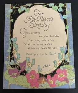 Biglietto di auguri compleanno 1937 vintage, fiori, usato condizioni - Foto 1 di 1