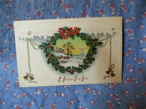 Old Postcard A Happy New Year Rural Scene in Wreath Bells on Ribbon - Picture 1 of 2