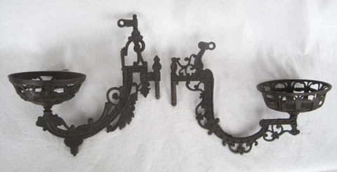 Pair Antique Cast Iron Reflector Wall Bracket Sconces Bronze Tone Oil Lamp Cover