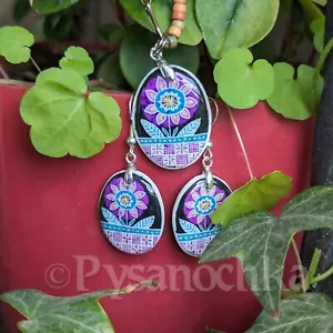 CONJUNTO Pendientes y Colgantes Artesanales Estilo Pysanka en Cáscara de Huevo Tradicional UA - Imagen 1 de 9