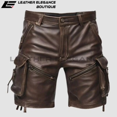 Mens' Leather Shorts Real Lambskin l New Men's Cargo Style Cafe Racer Shorts - Image 1 of 4