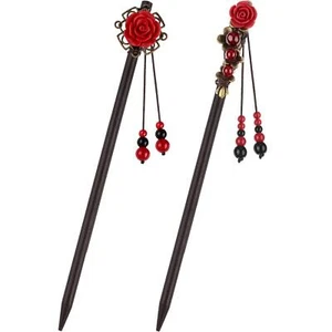 2 Pieces Chinese Wooden Hair Sticks Retro Wooden Hairpins Japanese Classic Ha... - Picture 1 of 7