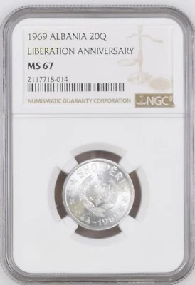 1969 Albania 20 Qindarka NGC MS 67 Liberation 25th Anniversary *TOP POP* - Image 1 of 2